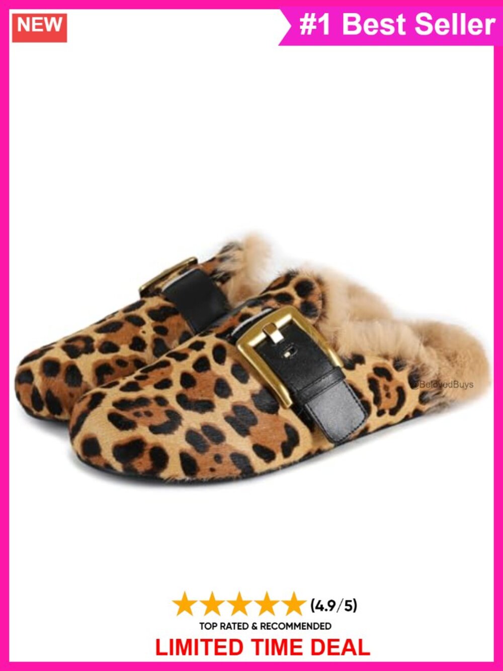 Faux Fur Lined Round Toe Slip On Mules Clogs with Buckle - Picture 5 of 6